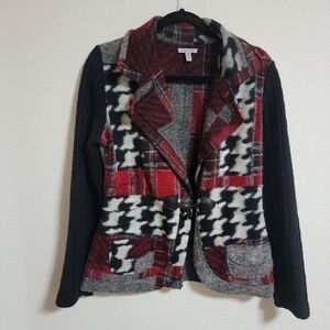 Linea Domani Wool Blend Plaid and Houndstooth Jacket with Black Sleeves